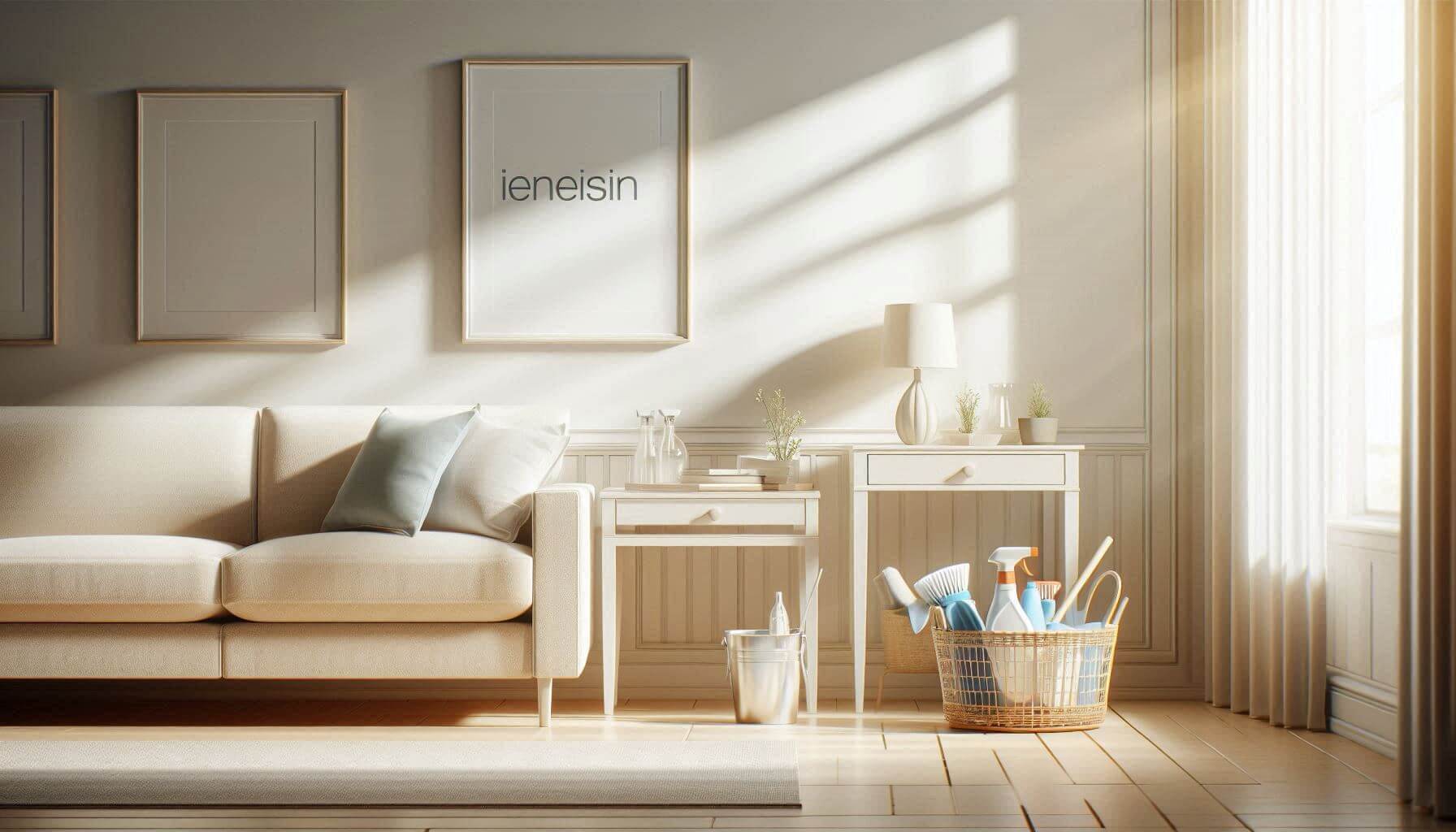 Envision a bright, orderly living room where every element has its place. Cleaning supplies sit neatly on a side table, and natural sunlight fills the space.