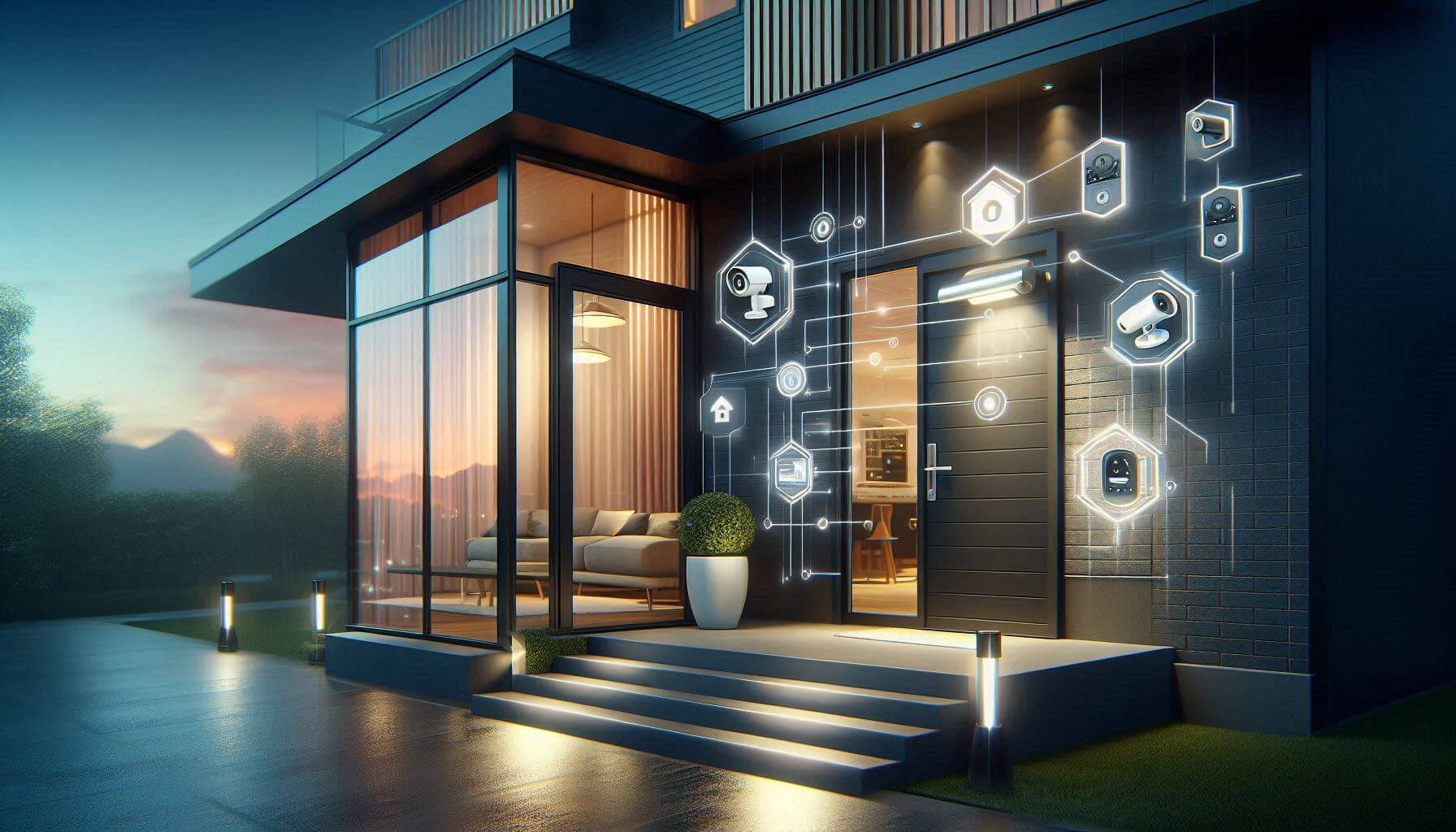 stylish modern home exterior at twilight. Smart security cameras and illuminated door locks stand out against the subtle glow of motion-sensor lights.