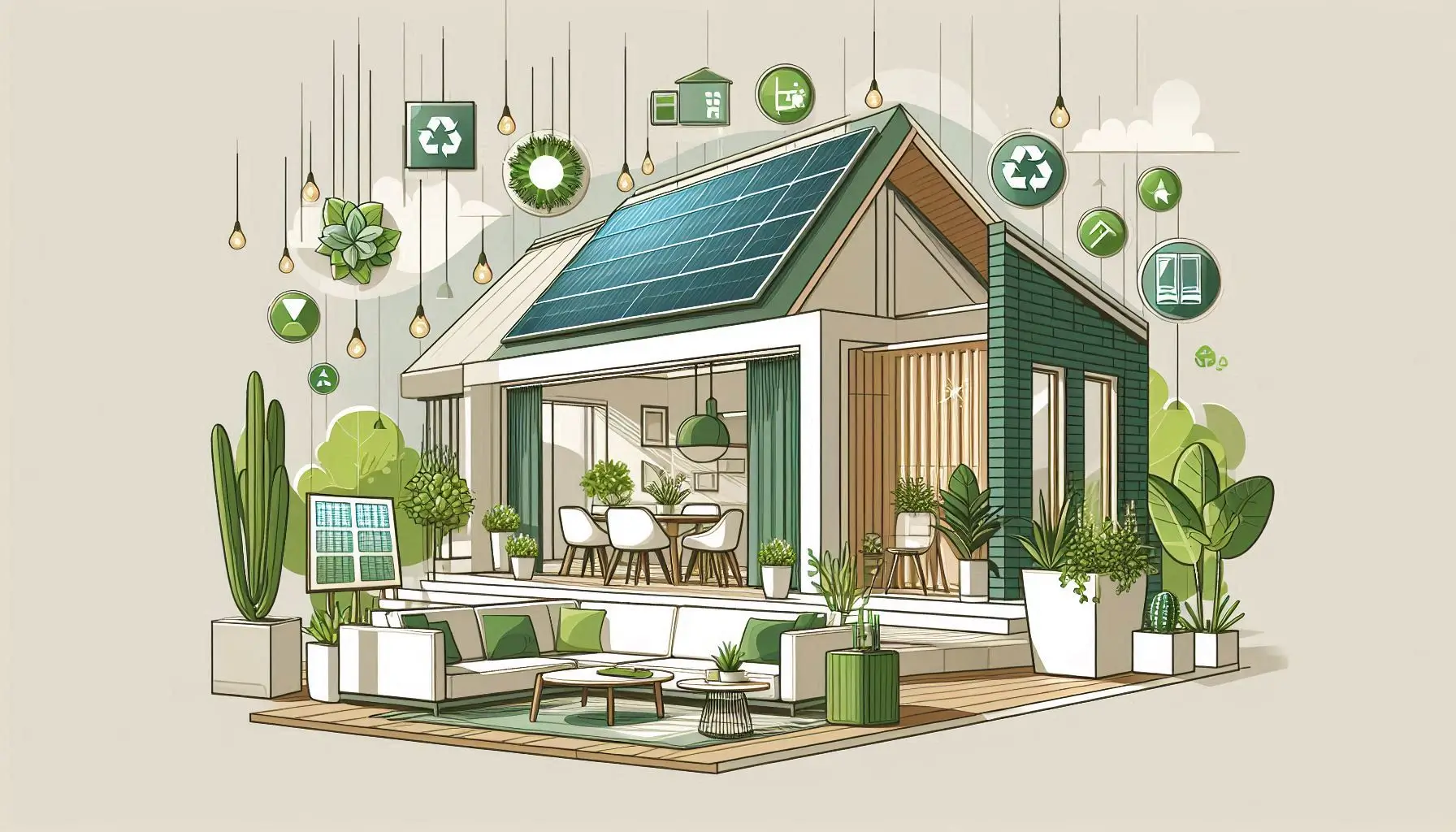 Visualize a modern home with eco-friendly features such as green plants, solar panels, and subtle recycled design elements.