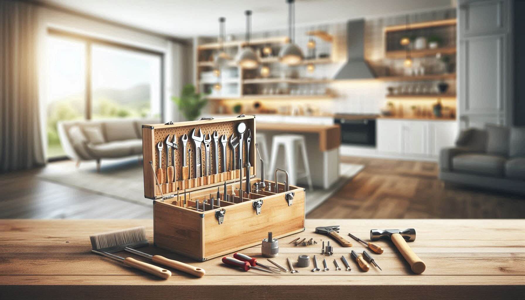 Visualize a well-organized toolbox and a set of repair tools arranged on a sturdy wooden workbench. In the background, a bright, contemporary home interior suggests practical repair work.