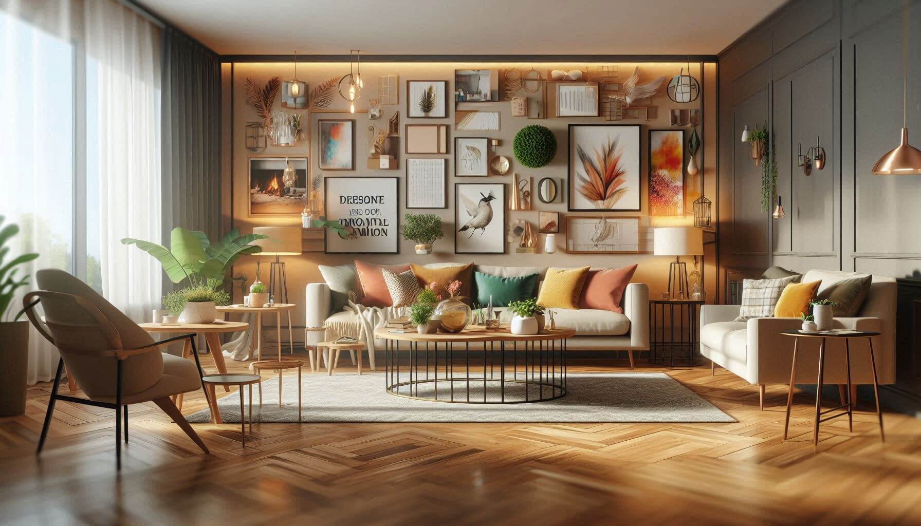 tastefully decorated living room with vibrant accents and a balanced furniture layout. Creative decor elements add personality, and warm lighting enhances the inviting atmosphere.