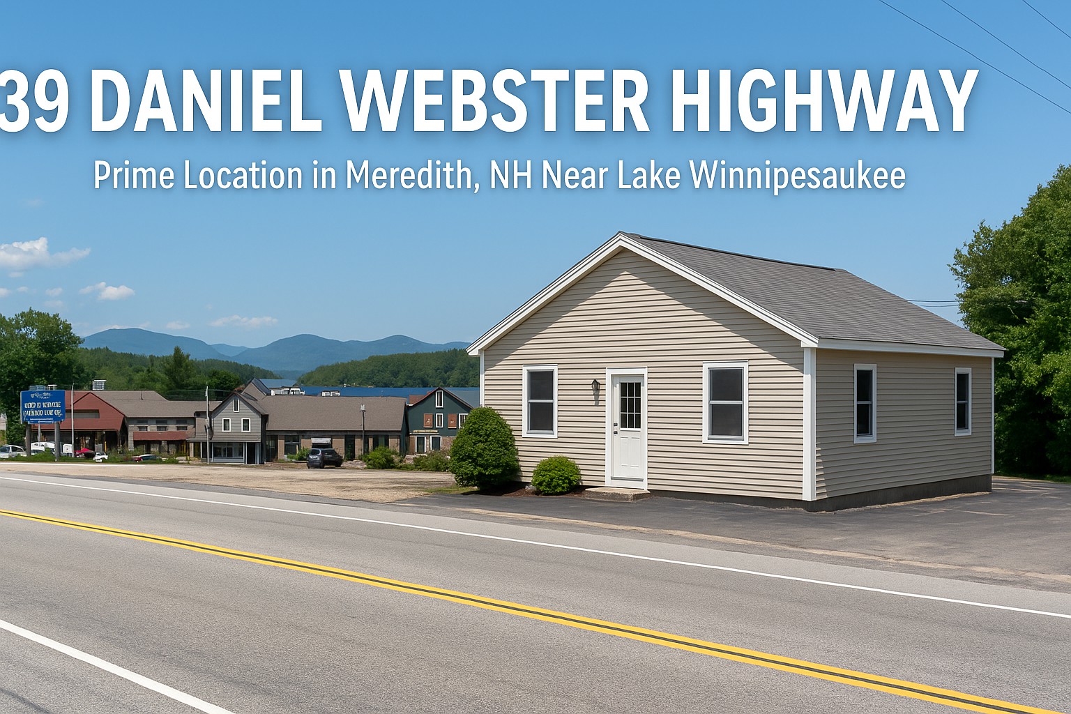 Commercial property on Daniel Webster Highway in Meredith, New Hampshire, showing a clear road, nearby shops, and Lake Winnipesaukee in the background