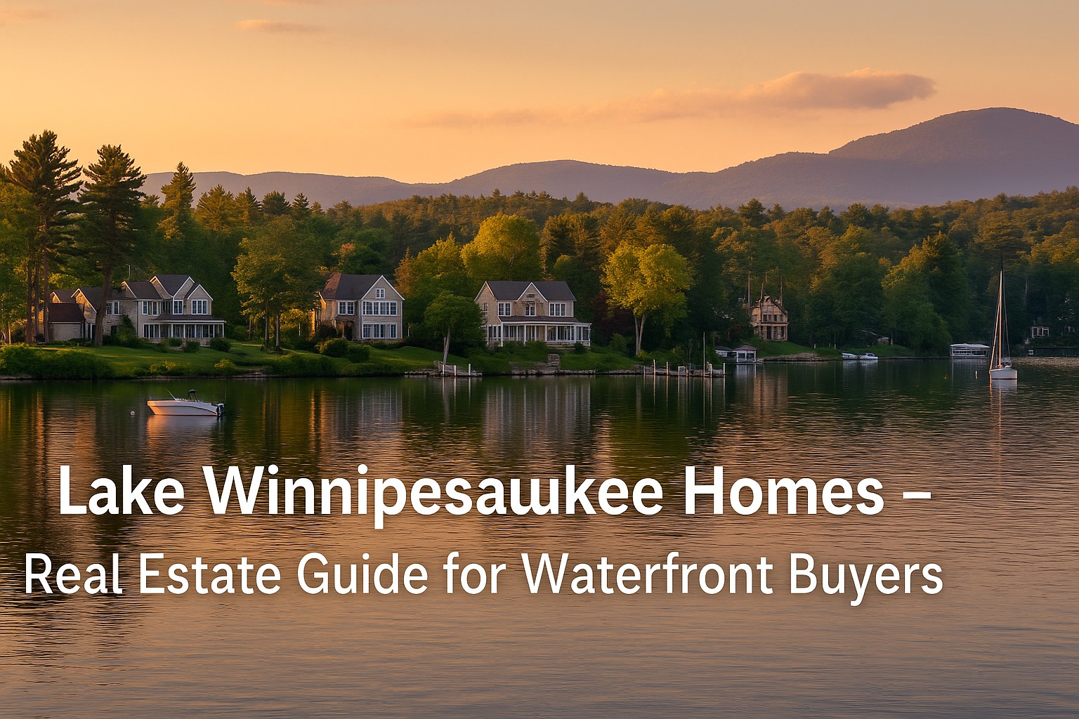 Scenic view of Lake Winnipesaukee with waterfront homes, mountains in the background, and boats on the water at sunset
