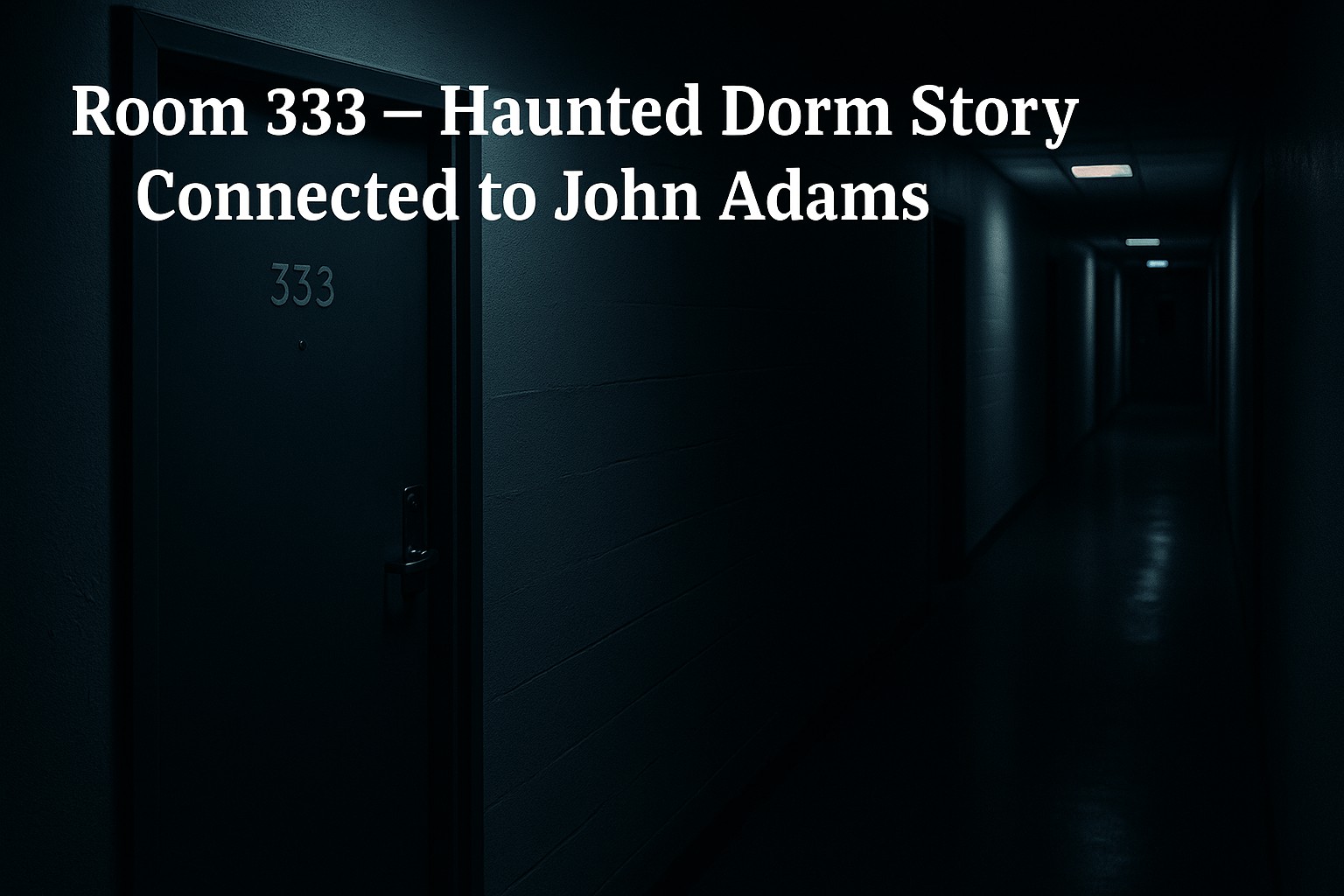 Dimly lit college dorm hallway leading to Room 333, with eerie lighting and shadowy walls suggesting a haunted or supernatural presence